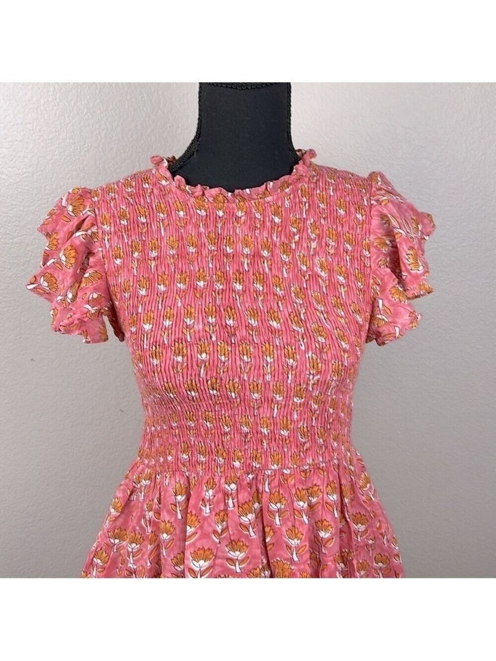 J. Marie Elena Smocked Dress Flutter Sleeves Floral Ruffle Pockets Prairie  S - Picture 4 of 13